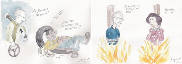 Deux caricatures de Donatien Ryelandt (2013) après la lecture des Profs au feu et l'école au milieu